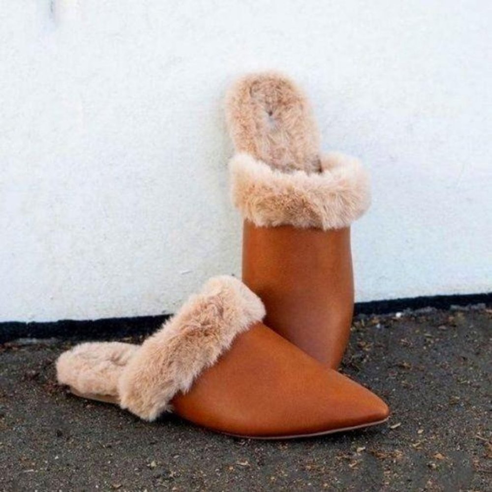 Faux Fur Lined Pointed Toe Mule in Tan - Picture 4 of 6